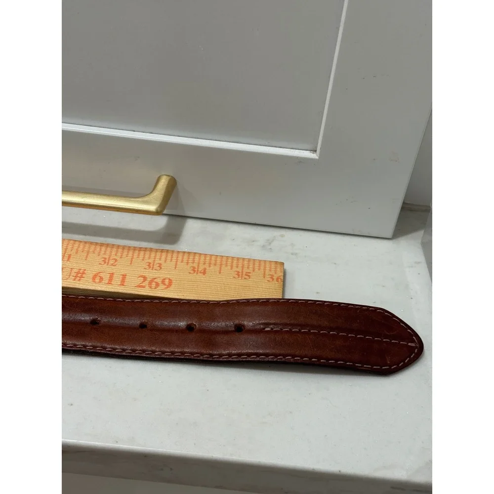 Genuine Leather Belt Mens 34 Brown Double Stitched Brass Buckle Rugged Western